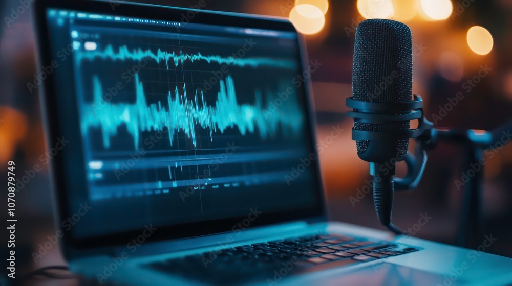 Poster A laptop displaying audio waveforms next to a microphone, indicating sound recording.