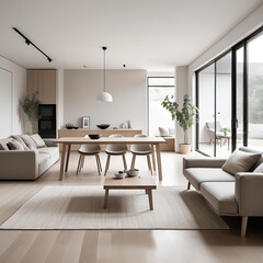 Fototapeta premium Minimalist Open-Concept Living and Dining Area – An open space with minimalist furniture, a simple dining table, and a low-profile sofa, all in neutral tones and with plenty of open floor space.