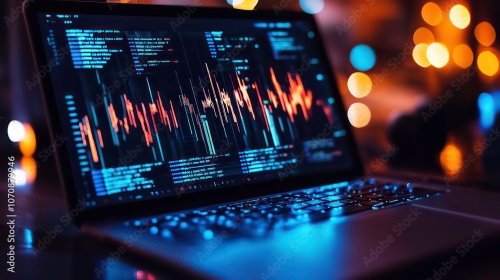 Poster Laptop displaying audio waveform for podcast transcription with text and sound representation