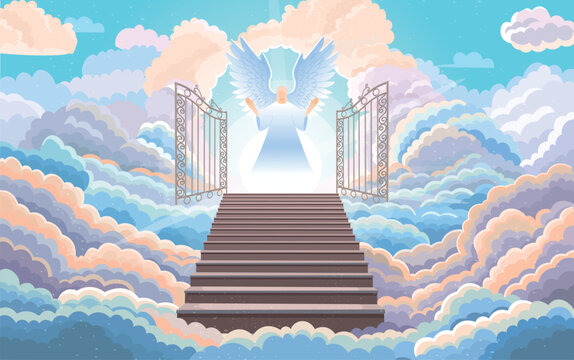 Entrance to paradise, open gate with with an angel standing at the top of the stairs. Staircase leading to to the wrought iron gates.background with fluffy clouds. Stairs up. Vector cartoon illustrati