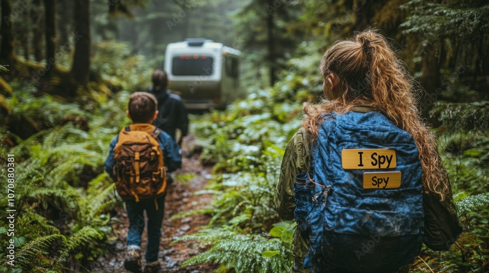 Poster a group of children walks along a vibrant forest trail, with one carrying a backpack that says i spy