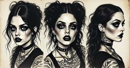 Fototapeta premium c tattoo icons vector 90s glamour monochrome urban prints and vintage photocopy effects blend in a surreal grunge punk aesthetic of nostalgia