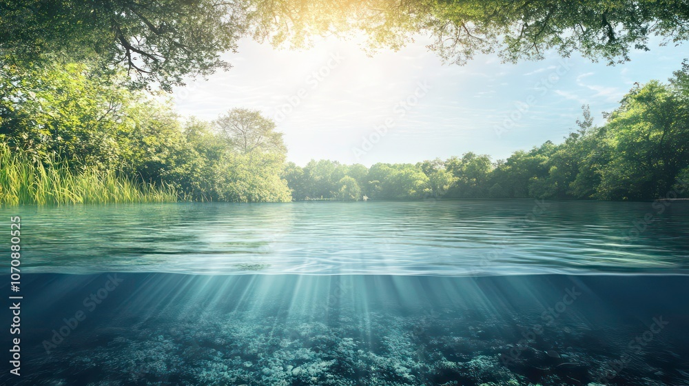 Poster lake background with water underwater abstract fresh water diving scenery and nature s underwater ecosystem backdrop. Copy space image. Place for adding text and design