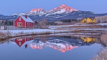 Obraz premium Two houses with snow capped mountains reflecting in a pond at sunrise.