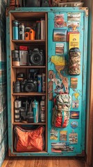 Obraz premium Rustic Cabinet Filled with Travel Gear and Souvenirs