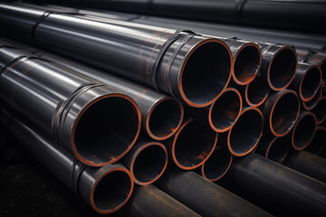 Fototapeta premium Close-up of stacked industrial pipes, showcasing their detailed texture and structure, highlighting their metallic surface and contrasting colors.
