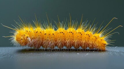 A close-up shot of a yellow caterpillar with black spots and long, white hairs. The caterpillar is crawling across a dark surface.