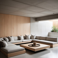 Minimalist Sunken Living Room – A cozy, sunken living room with built-in seating and neutral-toned cushions, surrounded by light wood and concrete walls on a white background.