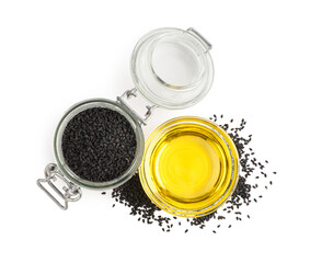 Jar with sesame seeds and bowl of oil on white background
