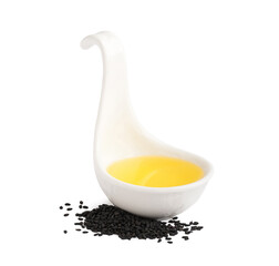 Spoon of oil and sesame seeds on white background