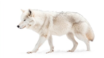 Obraz premium A solitary white wolf walking gracefully across a snowy landscape.