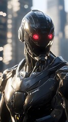 Fototapeta premium A cinematic shot of an AI robot with glowing red eyes, dressed in black armor and standing on the streets
