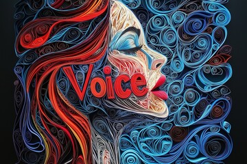 Woman Empowerment Concept with Profile Speaking and &lsquo;Voice&rsquo; in Vibrant Soundwave Patterns in paper quilling style