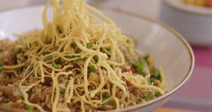 Close-Up of Gourmet Peruvian Shrimp Fried Rice &ndash; Authentic Culinary Delight Stock video