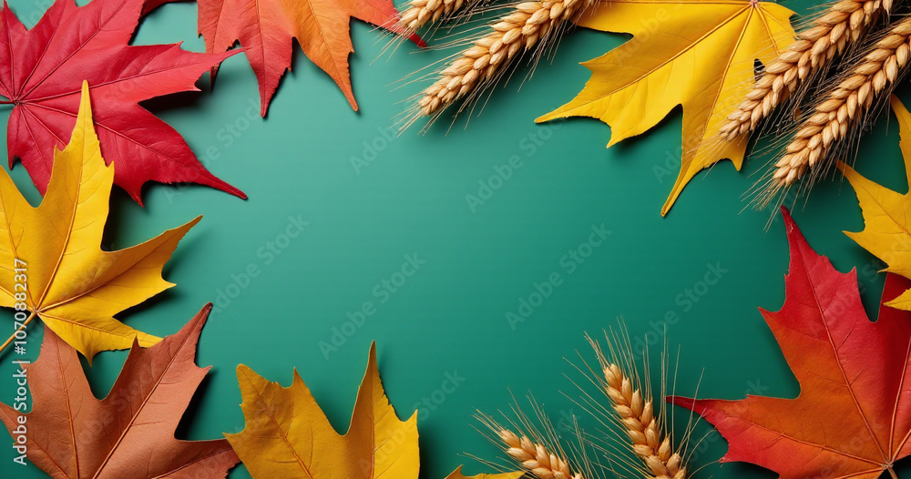Aufkleber colorful fallen leaves and wheat on a green table create an autumnal design concept for sale backdro