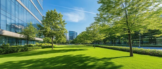 Obraz premium A sunny landscape with green grass and trees beside modern buildings.