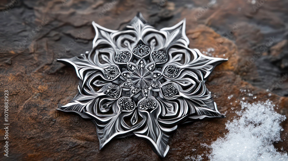 Poster A detailed silver snowflake design resting on a textured stone surface with snow.
