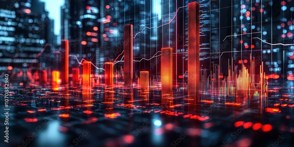 Poster red illuminated cityscape with financial charts and data