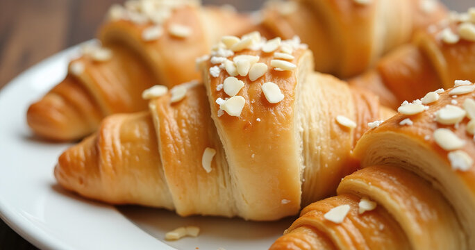 Croissants are flaky pastries filled with almond paste and topped with sliced almonds for added crunch and flavor