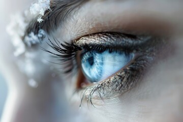 Close-up view of a person's eye with snowflakes covering the lashes and surrounding area, suitable for winter-themed images or abstract designs