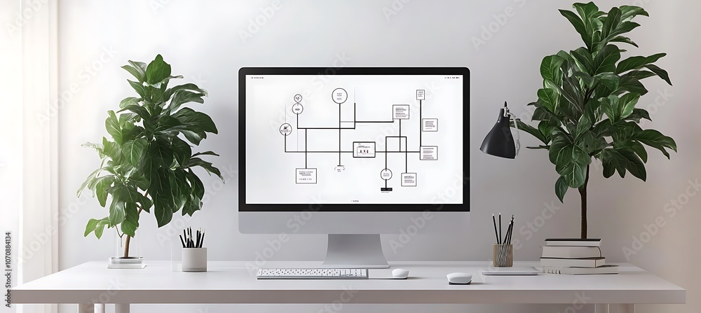 Poster a minimalist workspace with a large monitor displaying an intricate flowchart of a business process,