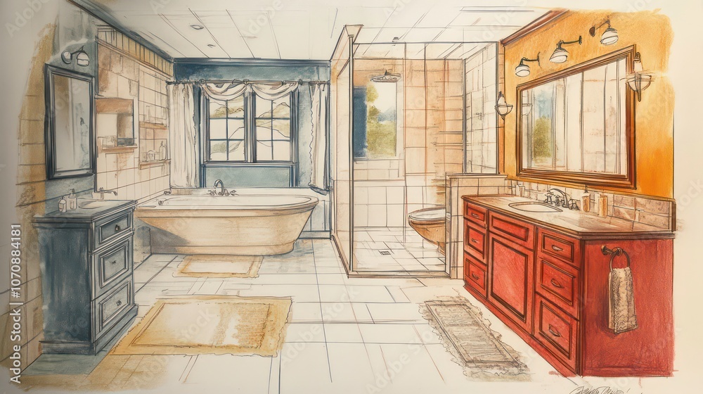 Poster interior drawing showing the before and after of a new bathroom upgrade construction project. concep