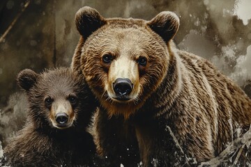 Obraz premium Two brown bears stand side by side in a natural setting