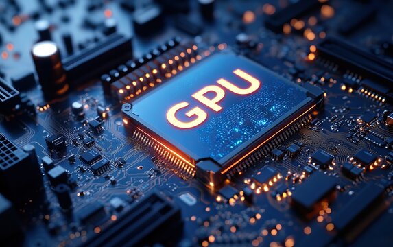 A close-up of a GPU on a circuit board, highlighted by blue and orange lights, showcasing intricate electrical components.