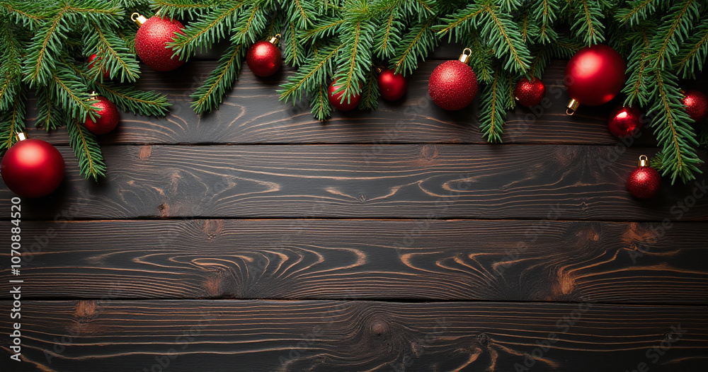 Poster dark wooden background features red and green christmas decorations with fir branches set against a 