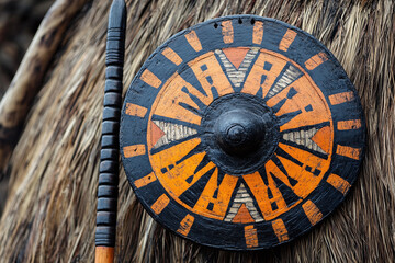 a Zulu spear and shield with decorative patterns.