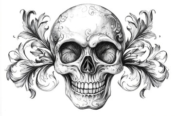 A drawing of a skull with a floral design on it