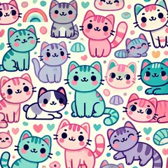 Obraz premium Cute pastel cats in a seamless pattern full of joy