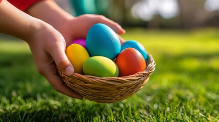 Fototapeta premium A child's hand holds a basket overflowing with colorful Easter eggs, a perfect symbol of spring and new beginnings.
