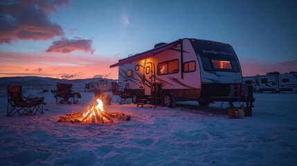 A warm campfire crackles as friends gather around, enjoying a cozy winter evening beside an RV parked in a snowy setting at sunset.