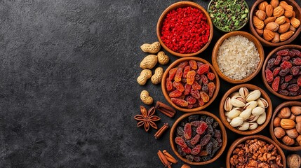 Artistic arrangement of dried fruits, nuts, spices for Christmas pudding, flat lay, holiday baking ingredients concept