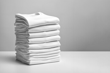 A stack of folded soft, smooth clothes. White T-shirts on a light background with space for text. Concept of diversity in the world, lifestyle, order in the house, minimalism.