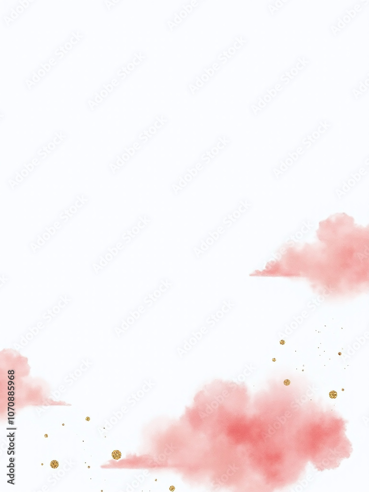Poster e background with empty space features red burgundy watercolor clouds and small gold glitter particles in a simple and minimalistic design style
