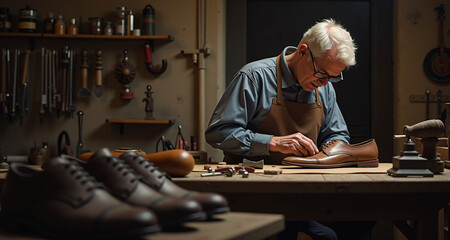 Cobbler crafting custom leather shoes in a rustic workshop, emphasizing traditional skills and artisan craftsmanship.