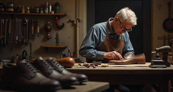 Cobbler crafting custom leather shoes in a rustic workshop, emphasizing traditional skills and artisan craftsmanship.