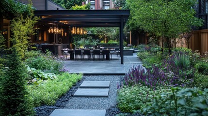 Fototapeta premium A serene garden space with modern seating and lush greenery for relaxation and gatherings.