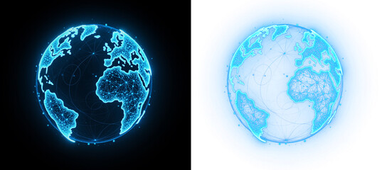 a glowing blue globe with network lines and dots forming a sphere, on black or transparent alpha background