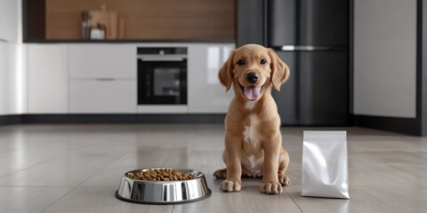 The cheerful puppy sits by its empty bowl gazing expectantly at the bag of dog food on the clean kitchen floor. This inviting space showcases a modern aesthetic