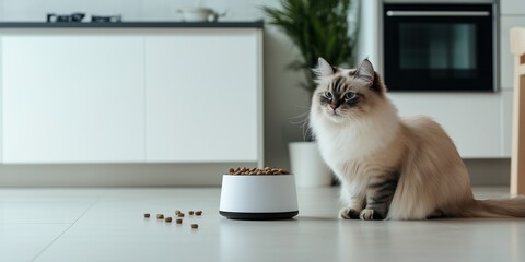 In a modern kitchen a fluffy cat enjoys its time beside an empty dog bowl and a plain bag of cat food on the floor creating a charming and relaxed atmosphere