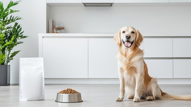 In a bright modern kitchen a Maine Coon cat sits next to an empty dog bowl and a plain bag of cat food on the floor showcasing a cozy yet contemporary atmosphere for pet lovers