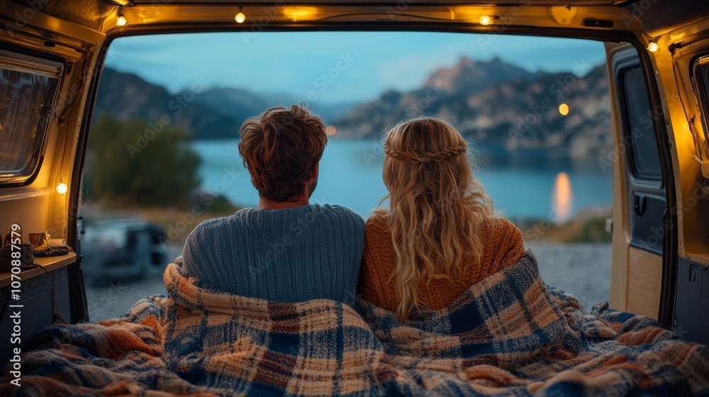 Poster a couple sits together under a warm blanket in their van, gazing at the picturesque lake view as dus
