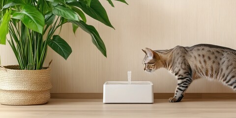 A Dragen-Li cat stands beside a tall minimalist white pet fountain drinking water. The light wooden floor and green plant create a calm stylish atmosphere