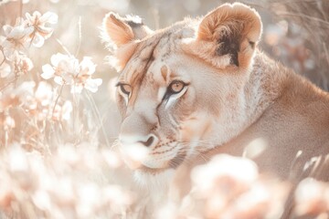 Close-up of a lion surrounded by colorful flowers