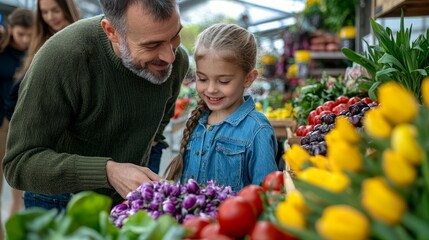 A father and his daughter smile as they browse the colorful produce at a farmers market.