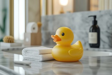 A cheerful yellow rubber ducky perched on a bathroom countertop, ready for bath time fun