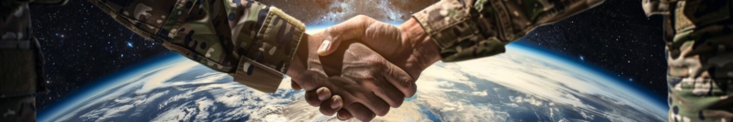 military handshake against the backdrop of the globe.